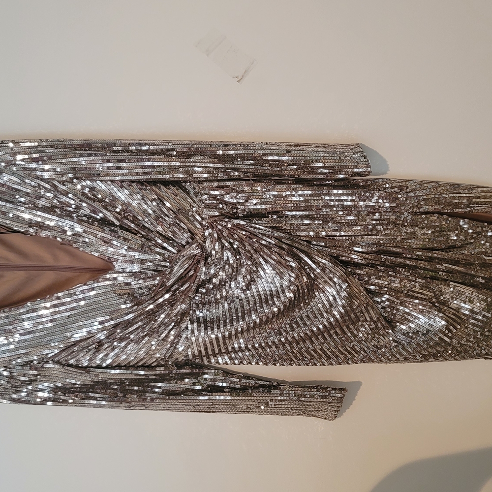 Badgley Mischka Silver Long Sleeve Dress